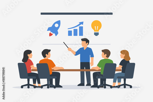 Business meeting: diverse team with male leader discussing growth and innovation