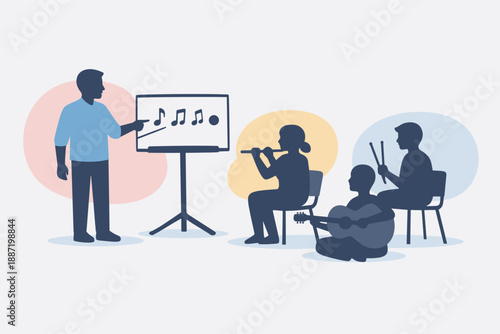 Diverse group music lesson with instructor leading youth ensemble in playing instruments