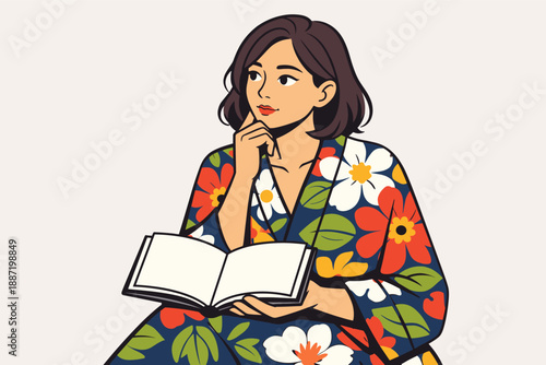Young asian female reflecting while reading in floral outfit