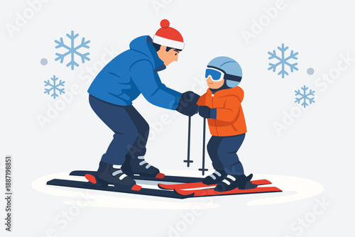 Father and child skiing together in winter wonderland with snowflakes