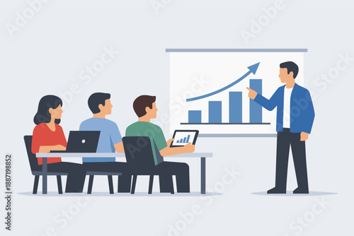 Business presentation with team of diverse young adults analyzing growth chart
