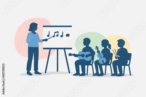 Female music teacher leading young students in instrumental class