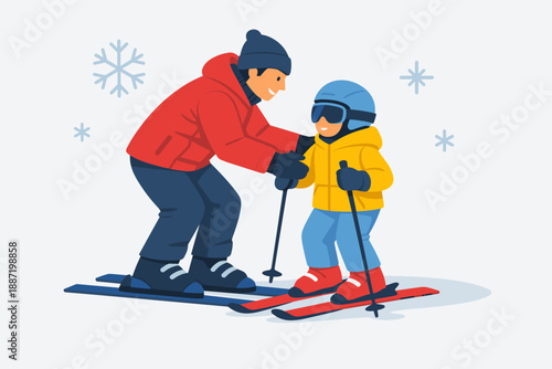 Adult teaching child skiing in winter gear on snowy day