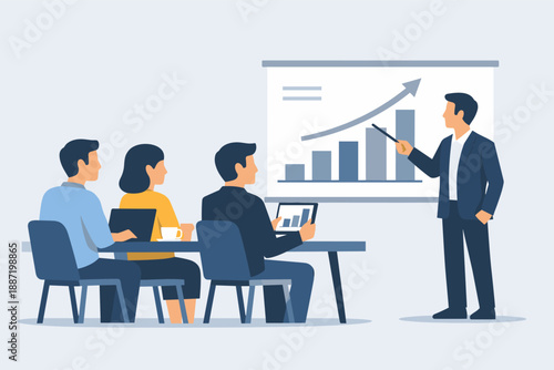 Business presentation with diverse team analyzing growth chart in office