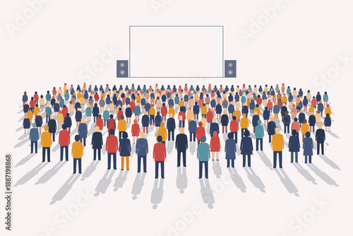 Diverse crowd watching outdoor cinema screen in open space