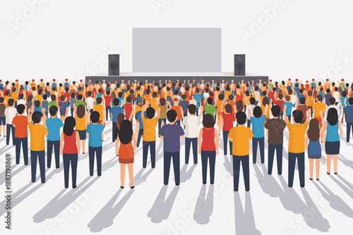 Large crowd gathering at outdoor music concert with stage and speakers