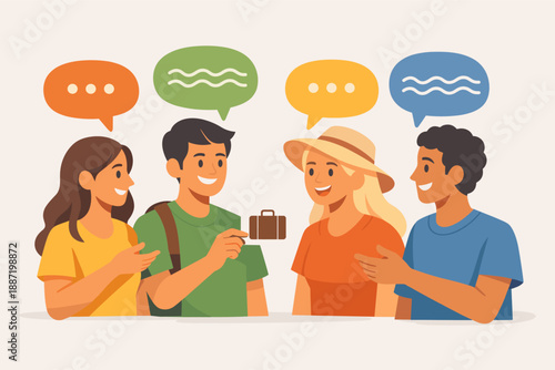 Diverse young adults engaging in conversation with speech bubbles