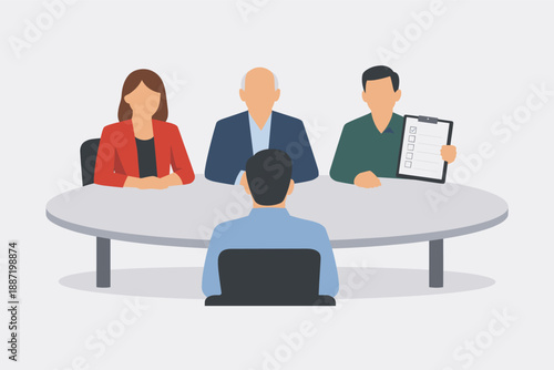 Group interview with diverse panel and male candidate at round table