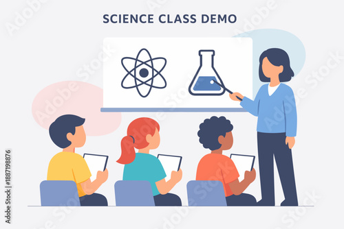 Science class demo with female teacher illustrating chemistry to diverse children