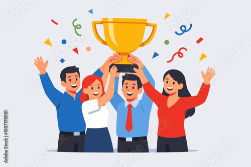 Diverse group celebrating victory with trophy and confetti