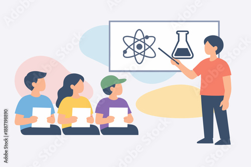 Science class presentation with diverse children and teacher