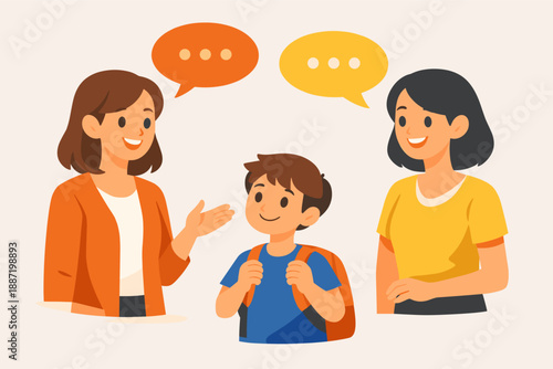 Child with backpack interacting with two women in conversation