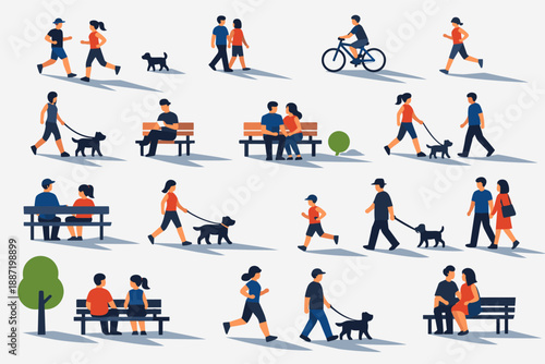 People enjoying park activities: walking, running, cycling, and relaxing on benches