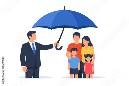 Family insurance protection concept with asian parents and children under umbrella
