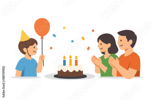 Child's birthday celebration with cake and family applause