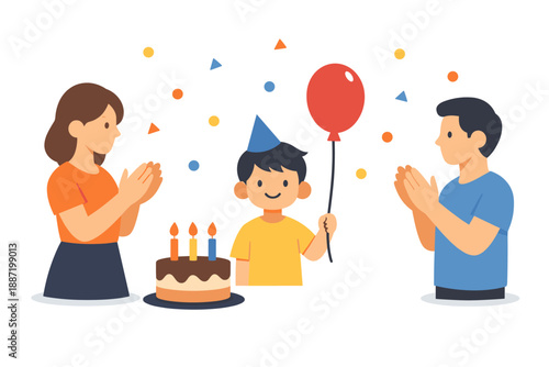 Birthday celebration with family: young caucasian boy with cake and red balloon