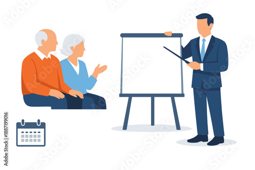 Business presentation to mature caucasian couple by male presenter with easel and calendar
