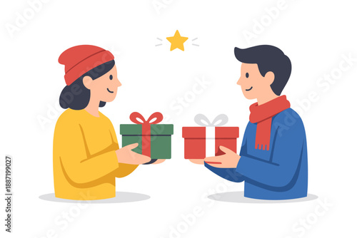 Young caucasian couple exchanging holiday gifts with joyful smiles