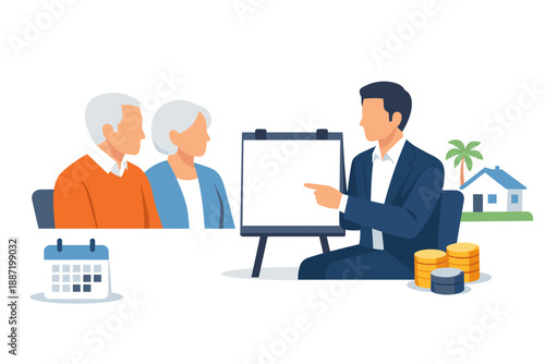 Financial advisor meeting with elderly caucasian couple discussing retirement planning