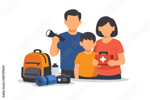Family preparing for emergency with backpack and first aid kit