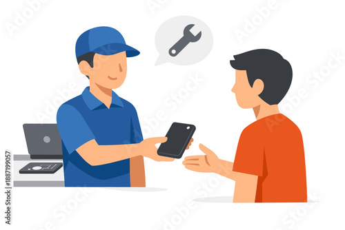 Asian male phone technician assisting customer with smartphone repair
