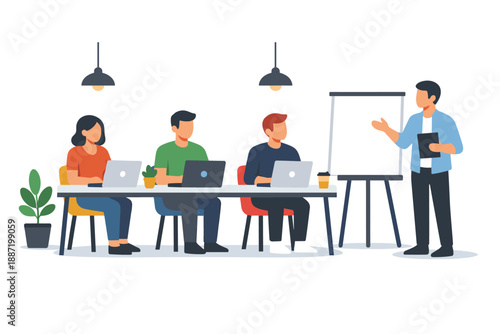 Multiethnic team in training session with presenter and laptops