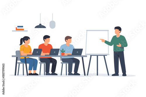 Diverse group learning with instructor in classroom setting with laptops and whiteboard