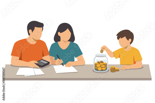 Family budget planning with savings focus featuring young caucasian child with parents