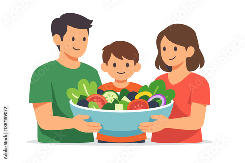 Animated family sharing healthy salad together