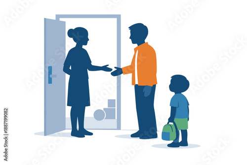 Silhouettes of diverse family greeting teacher at school doorway