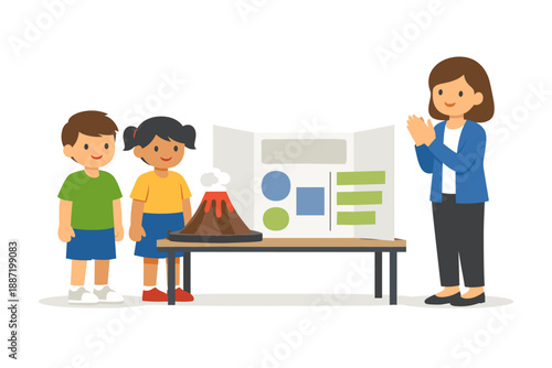Children presenting volcano science project with teacher applause