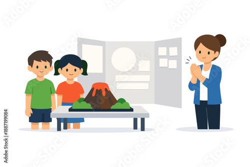 Children presenting volcano model to teacher in classroom science project