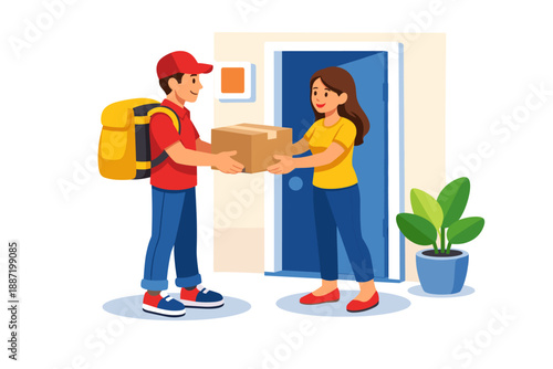Young asian female receiving package from male courier at doorstep