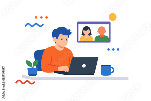 Young caucasian male working remotely on laptop with video call and office setup