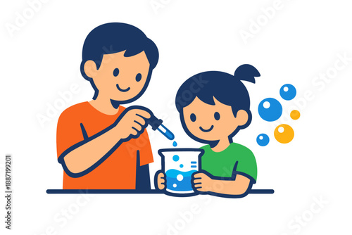 Asian children conducting fun science experiment with beaker and pipette cartoon