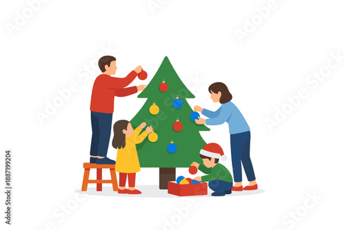 Family decorating christmas tree with ornaments - caucasian adults and children celebrating holiday