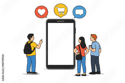 Diverse group of young adults interacting with smartphone icons
