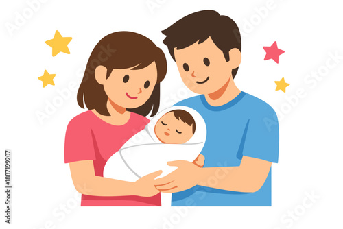 Young caucasian parents holding newborn baby with stars illustration