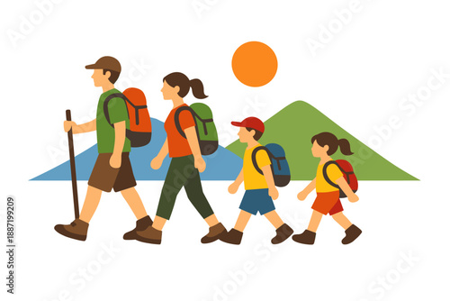 Family hiking adventure with mountains and sun