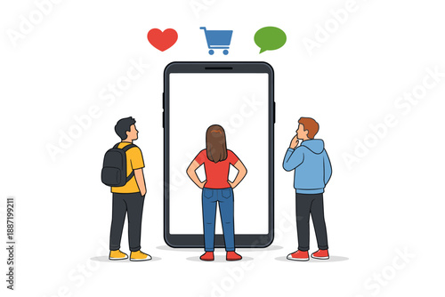 Teens engage with online shopping on smartphone screen: heart, cart, chat icons