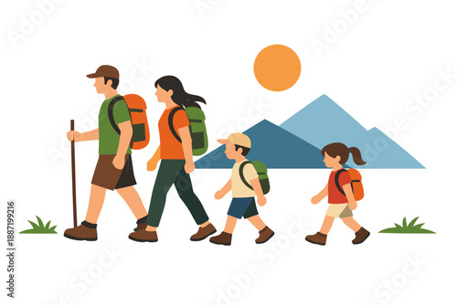 Family hiking adventure with mountains and sun in background