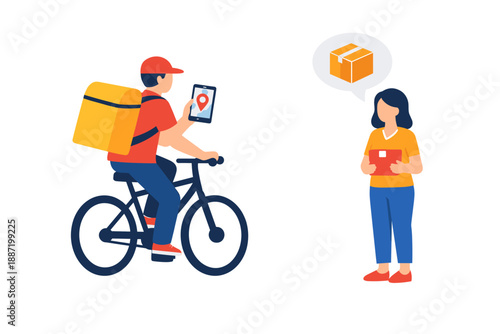 Bicycle delivery male with gps approaching female customer with parcel