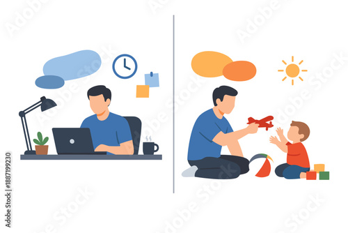 Balancing work and play: young caucasian male works at desk and plays with child