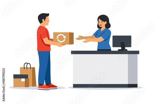 Male customer returning package at counter with female clerk