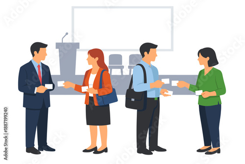 Diverse group networking at business conference with coffee and name tags