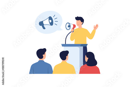 Male speaker presenting to diverse audience at podium with megaphone icon
