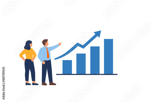 Business presentation: team analyzing growth chart with blue arrow and graph bars