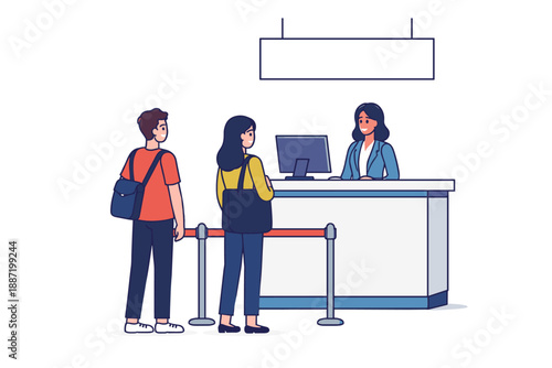 Waiting at reception: diverse young adults interaction at front desk