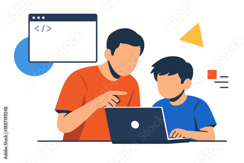 Adult teaching young child coding on laptop with graphic elements