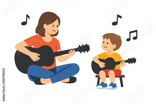 Caucasian female adult and male child playing acoustic guitar together